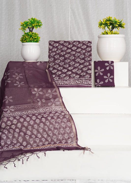 Walnut Brown with Cream flower printed kota dress material