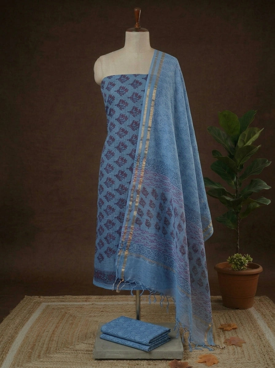 Sky Blue with Purple flower printed kota dress material 