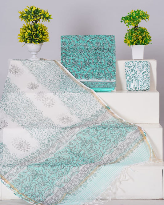 Aqua Blue flower printed kota  dress material