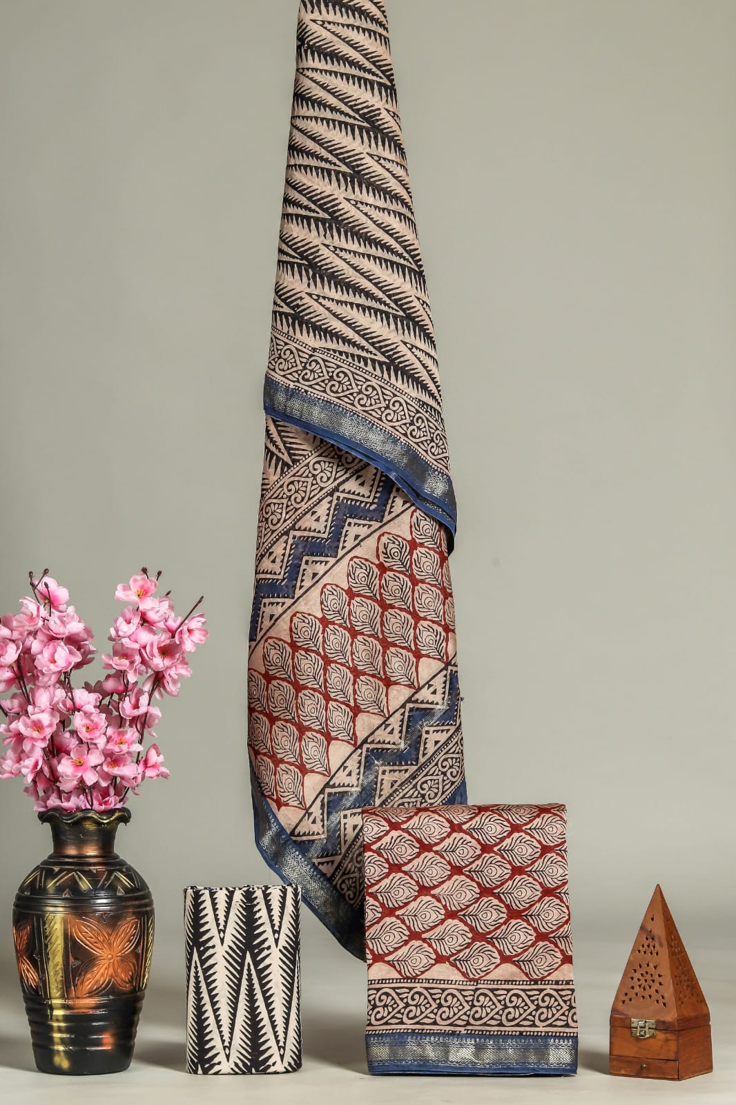 Shop Pure Maroon with black floral printed maheshwari dress material online 