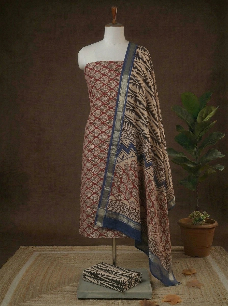 Shop Pure Maroon with black floral printed maheshwari dress material online 