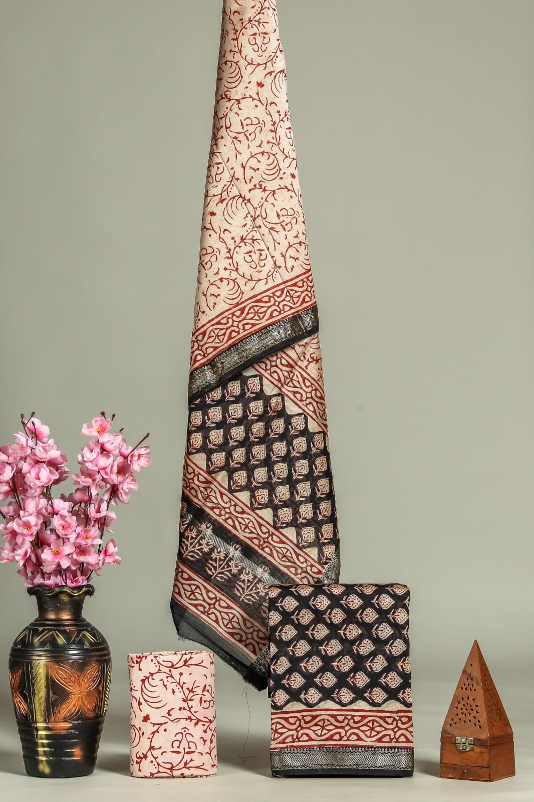 Black with cream floral printed maheshwari dress material