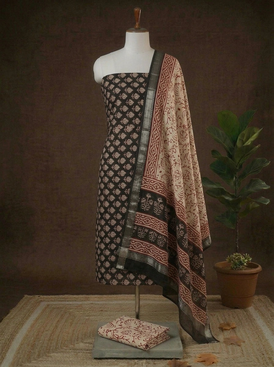 Black with cream floral printed maheshwari dress material