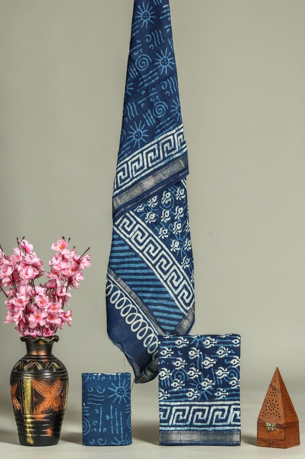 Indigo Blue with white floral printed maheshwari top 