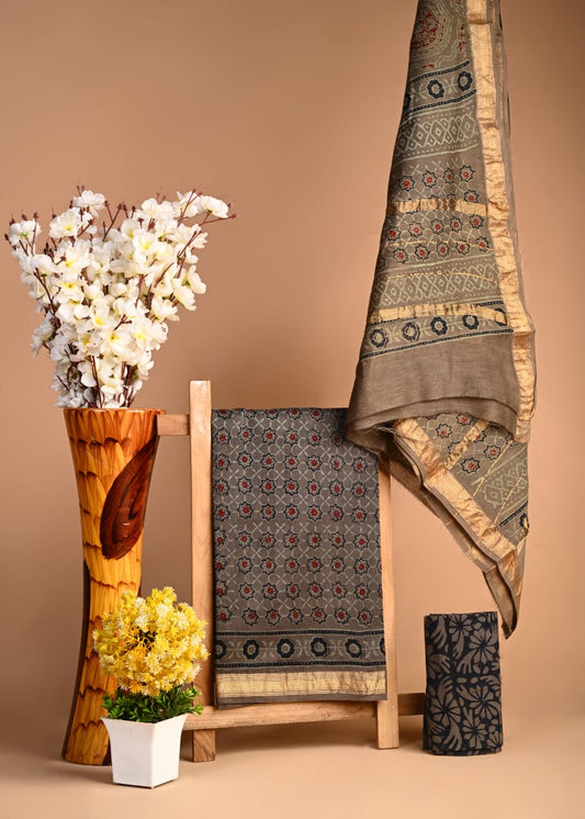 Cocoa Brown with red flower printed maheshwari top 