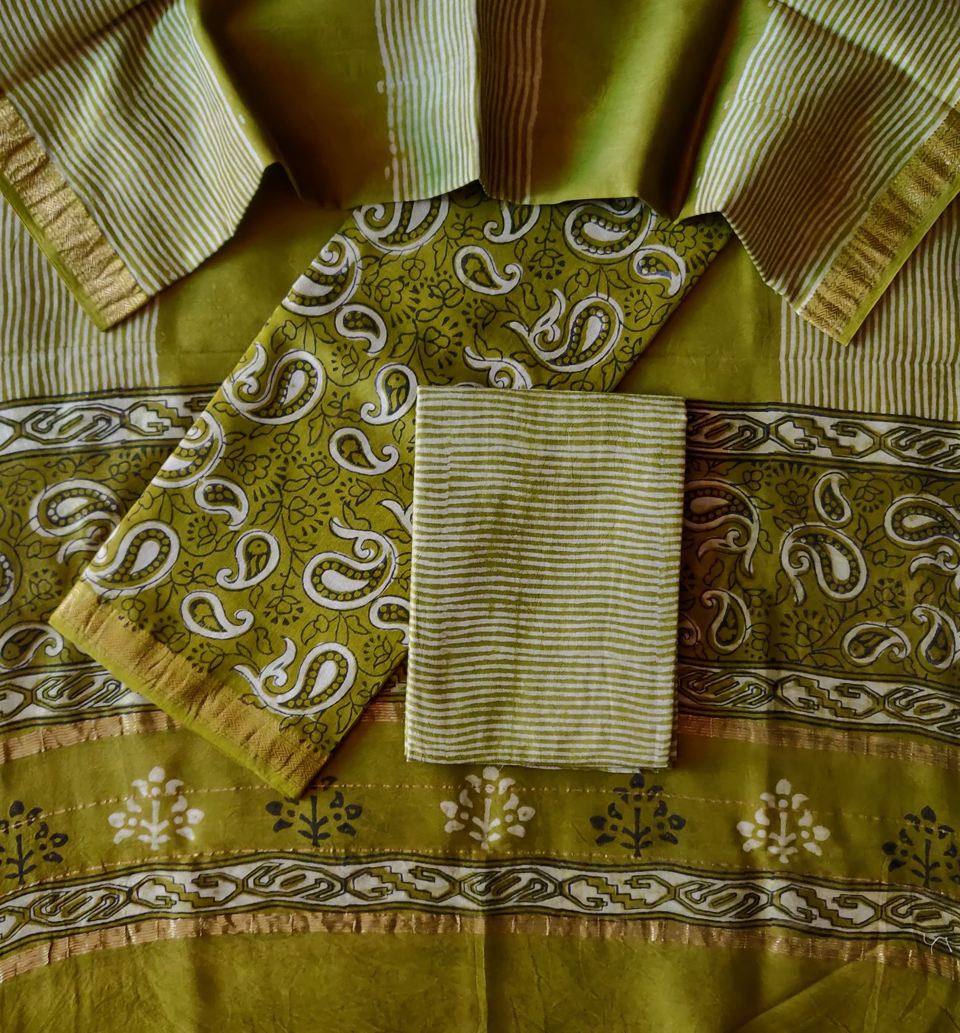 Olive Green with White paisley maheshwari top 