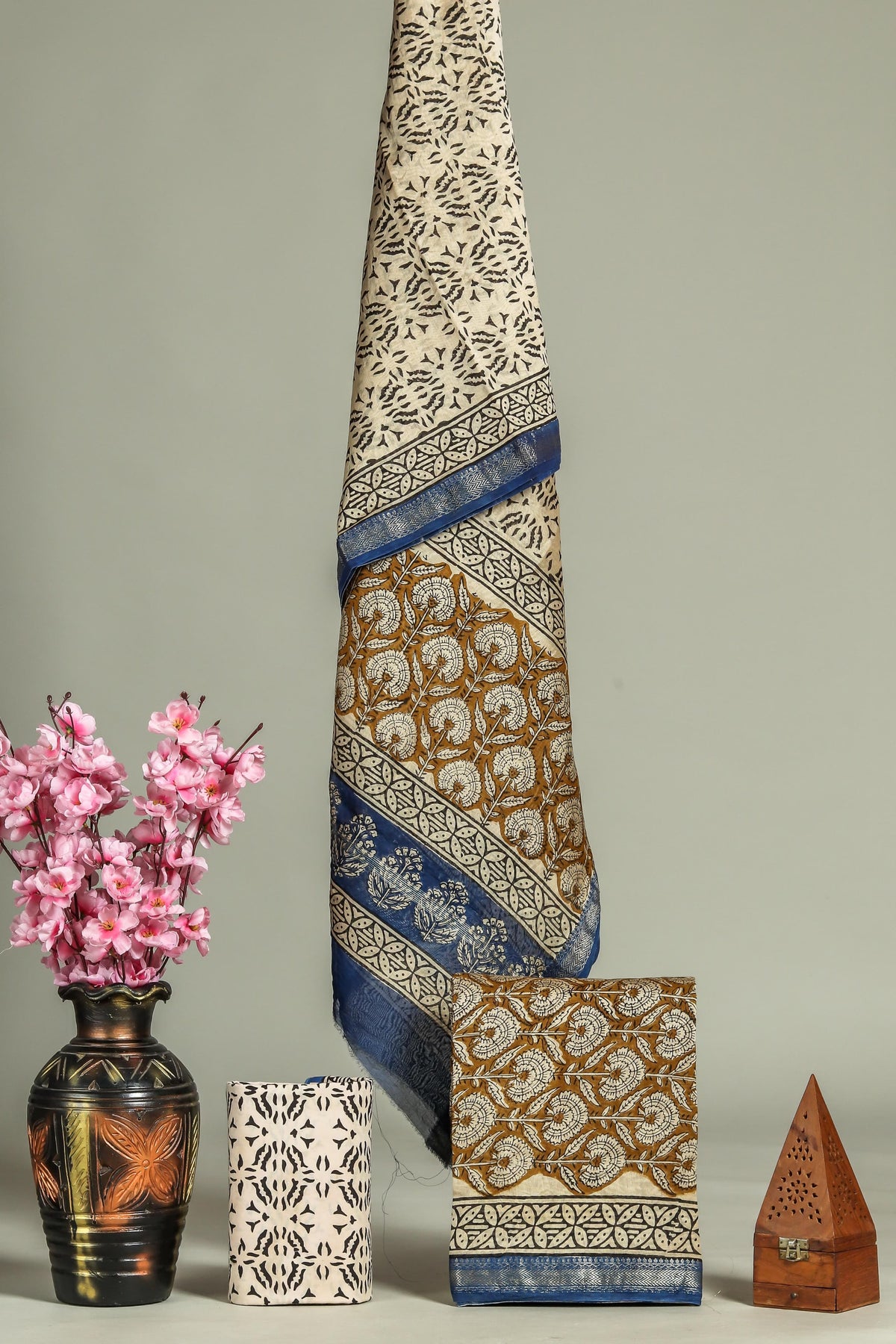 Best Olive green with Cream flower printed Maheshwari dress material online