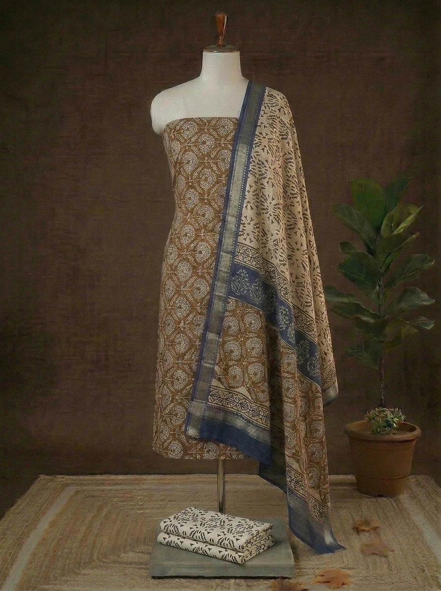 Best Olive green with Cream flower printed Maheshwari dress material online