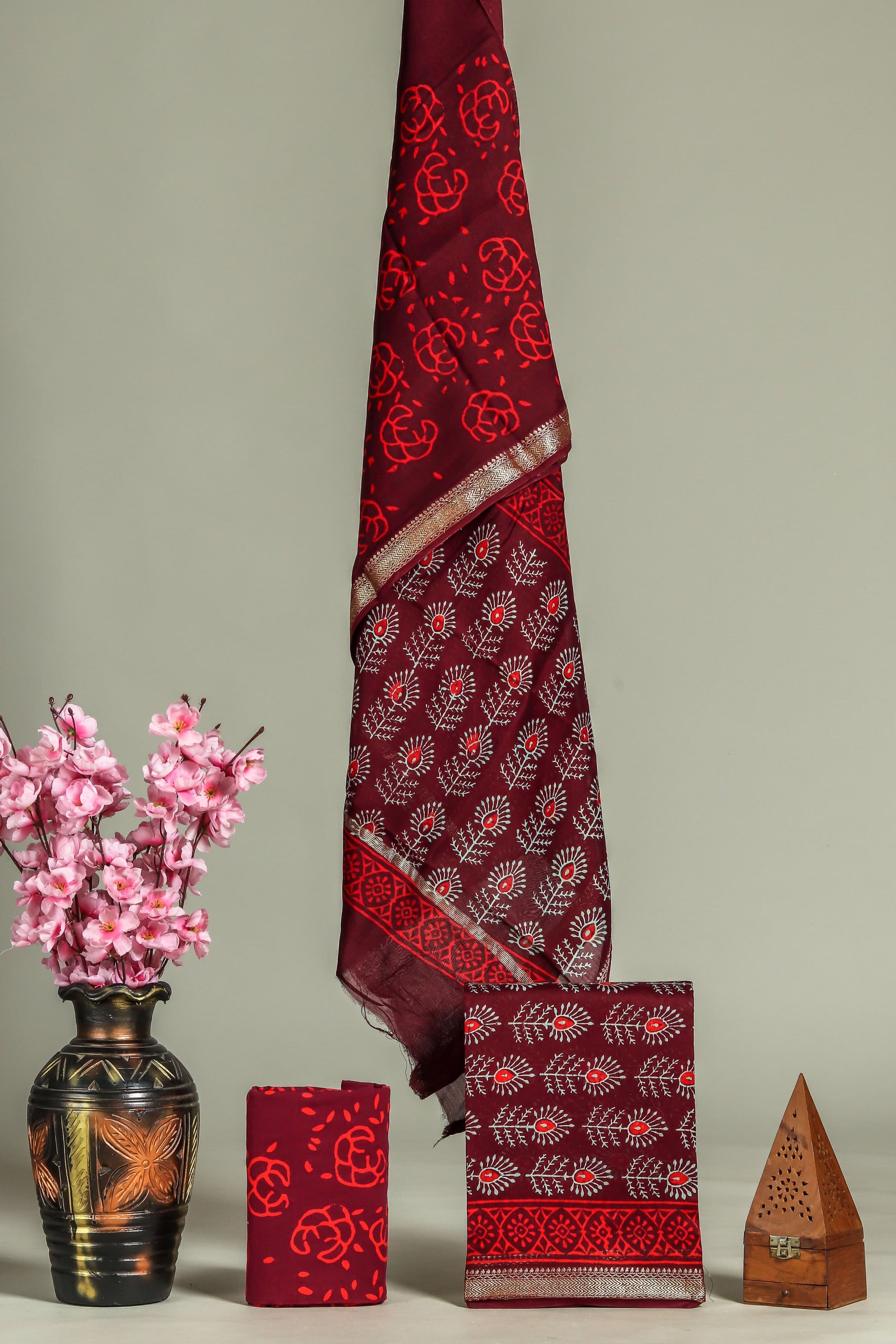 Maroon with Cream Leaf printed maheshwari top 