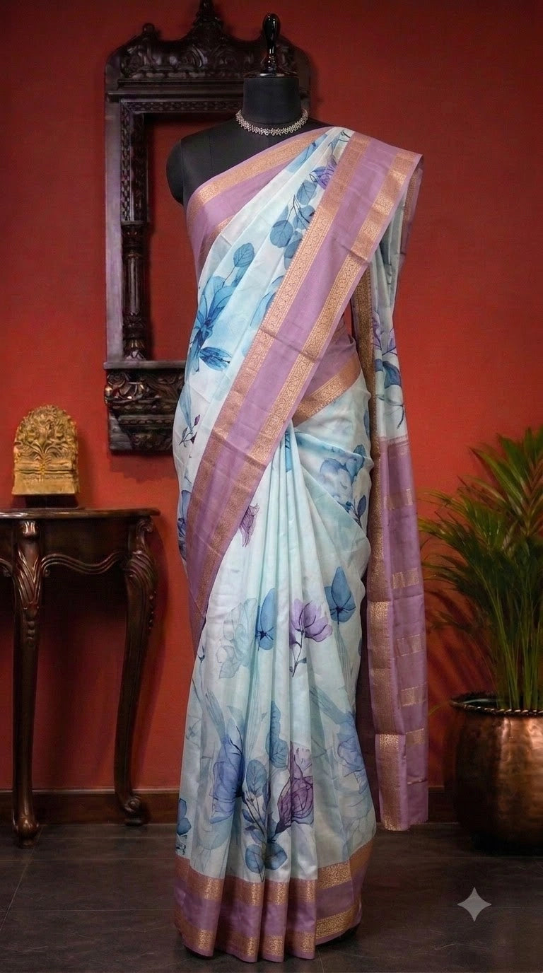Aqua Blue Pure Mysore Crepe Silk Saree 