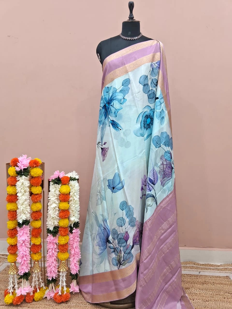 Aqua Blue Pure Mysore Crepe Silk Saree 