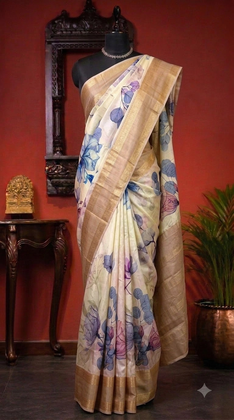 Off-White Pure Mysore Crepe Silk Saree