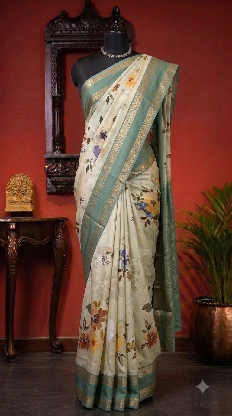 Sea Green Pure Mysore Crepe Silk Saree