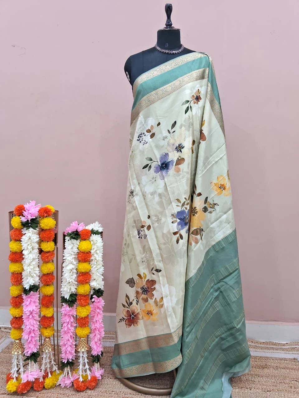 Sea Green Pure Mysore Crepe Silk Saree