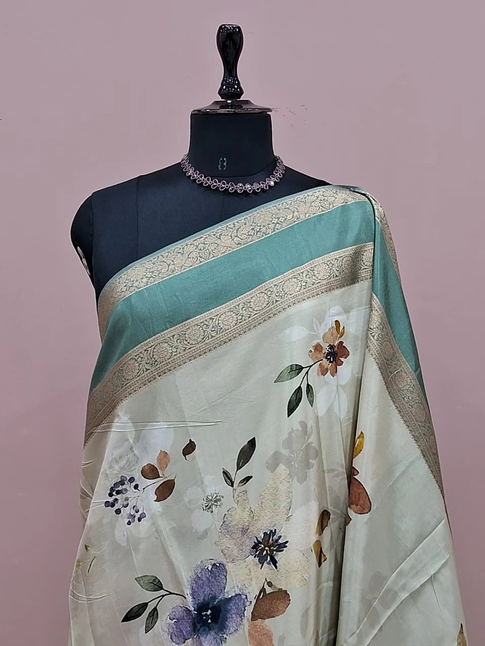 Sea Green Pure Mysore Crepe Silk Saree 1