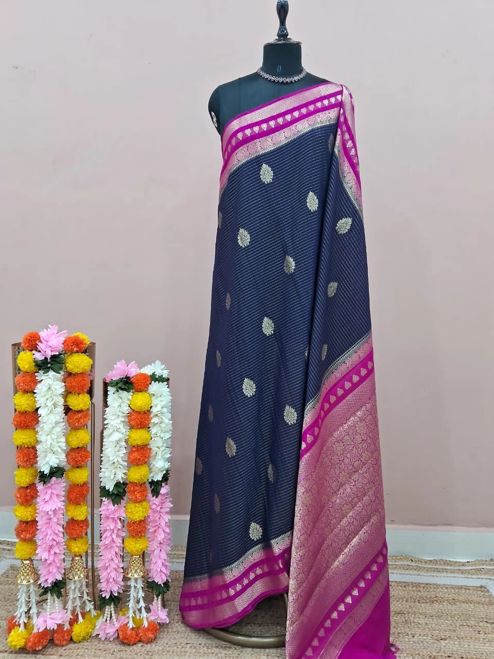 Navy Blue Pure Mysore Crepe Silk Saree