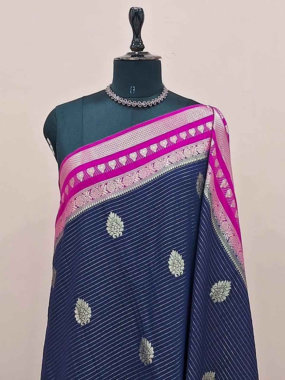 Navy Blue Pure Mysore Crepe Silk Saree 1