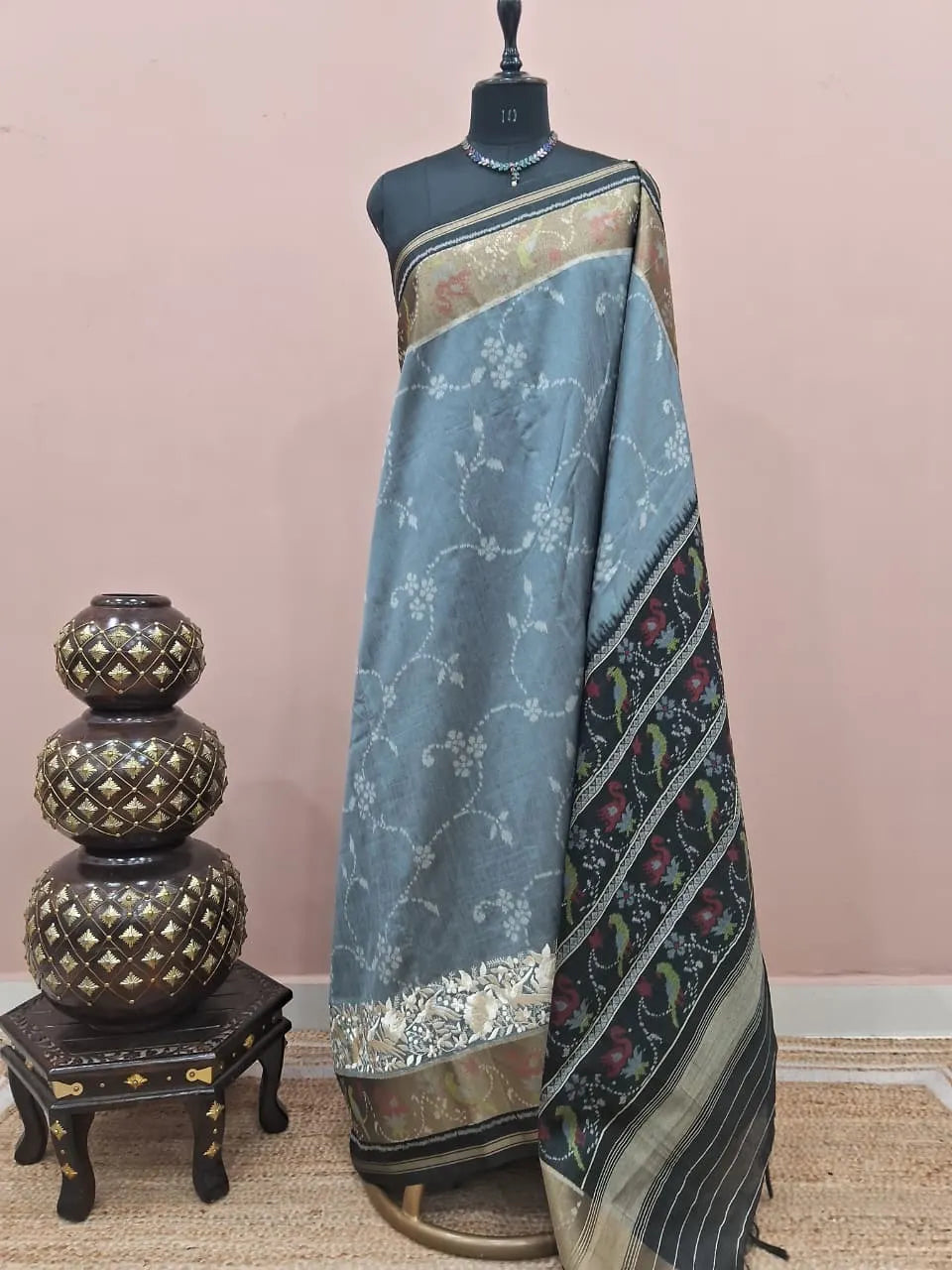 Metal Grey Raw Silk Saree 
