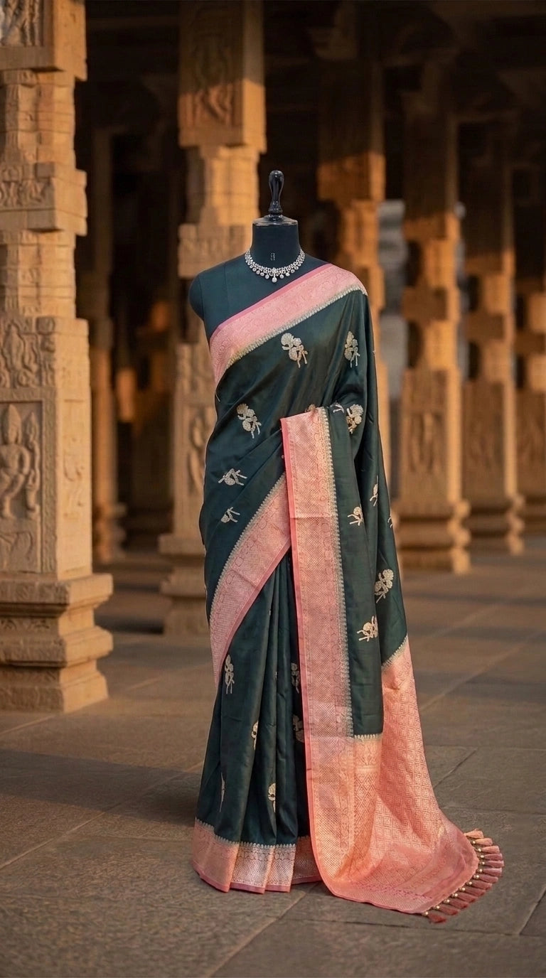 Bottle Green Raw Silk Saree 