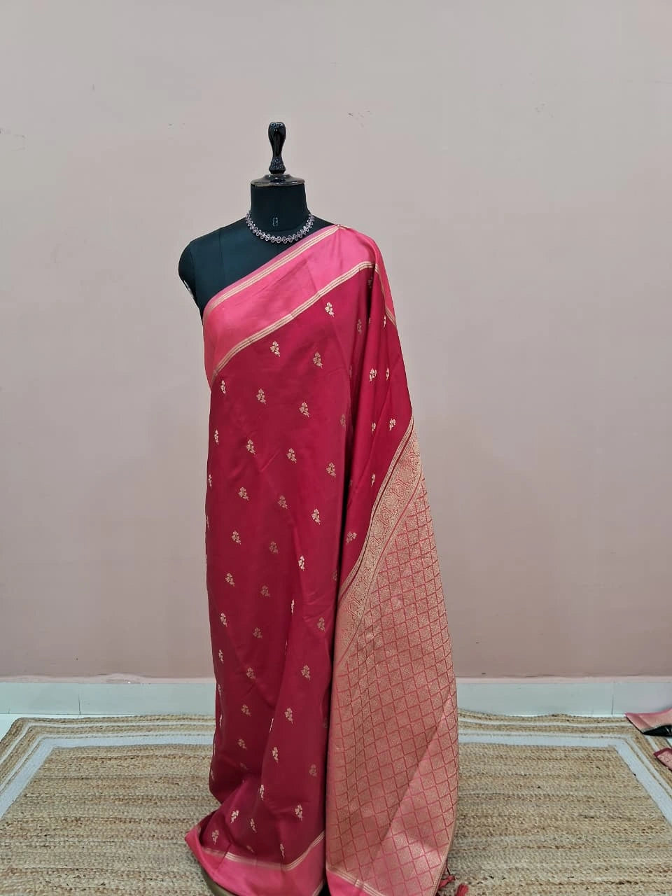 Reddish Pink Raw Silk Saree 