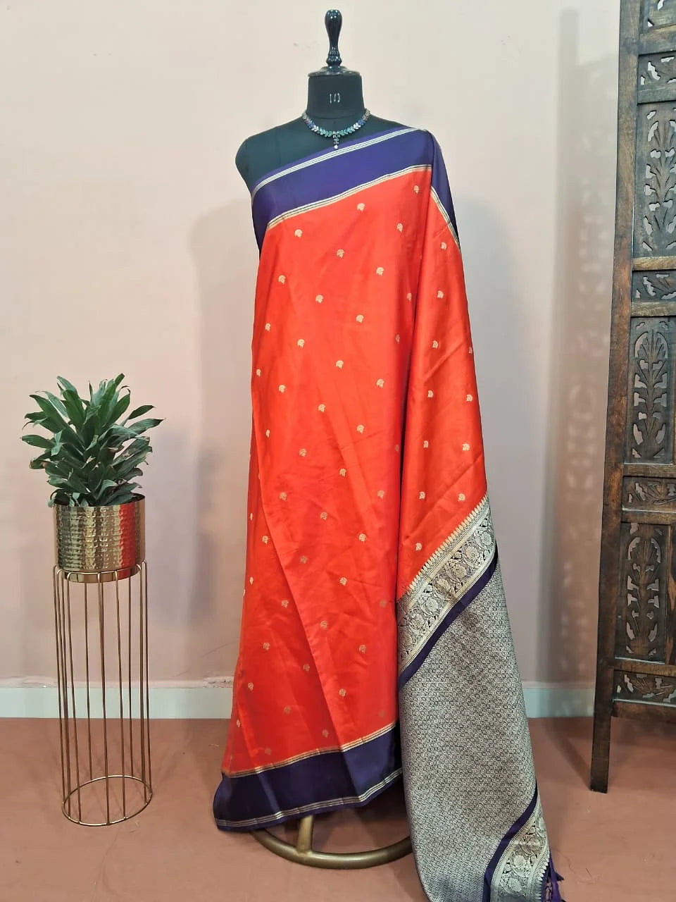 Dark Orange Raw Silk Saree