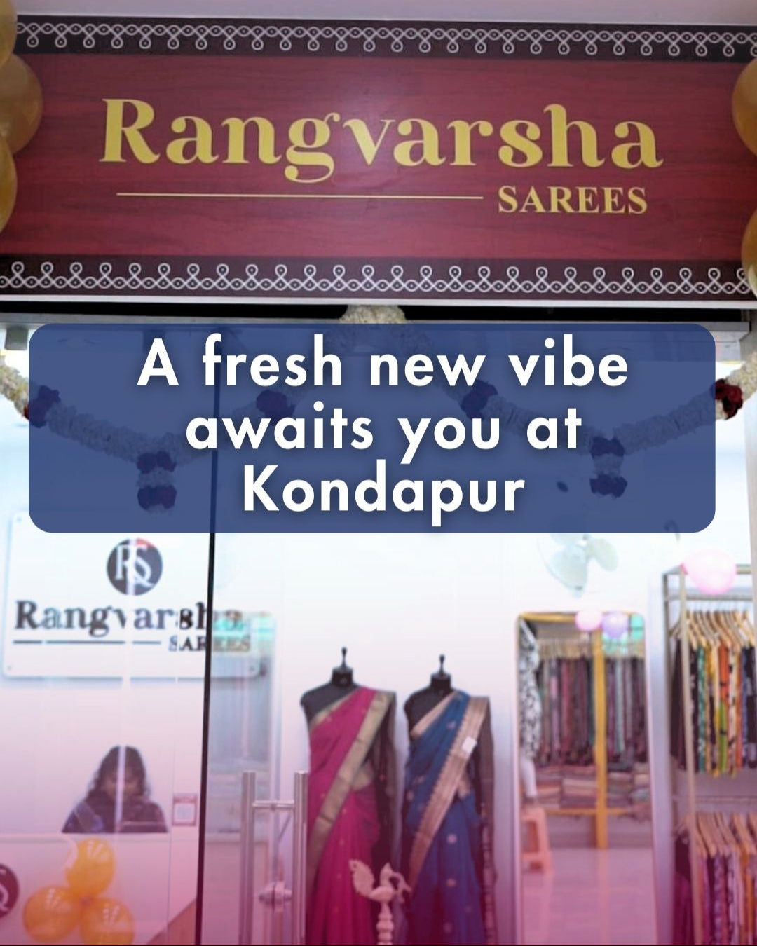 Advertisement for Rangvarsha Sarees with text about relocation to the second floor of Kondapur.