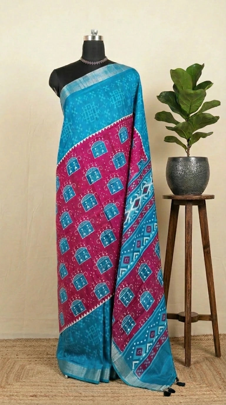 Blue and pink semi Tussar Saree