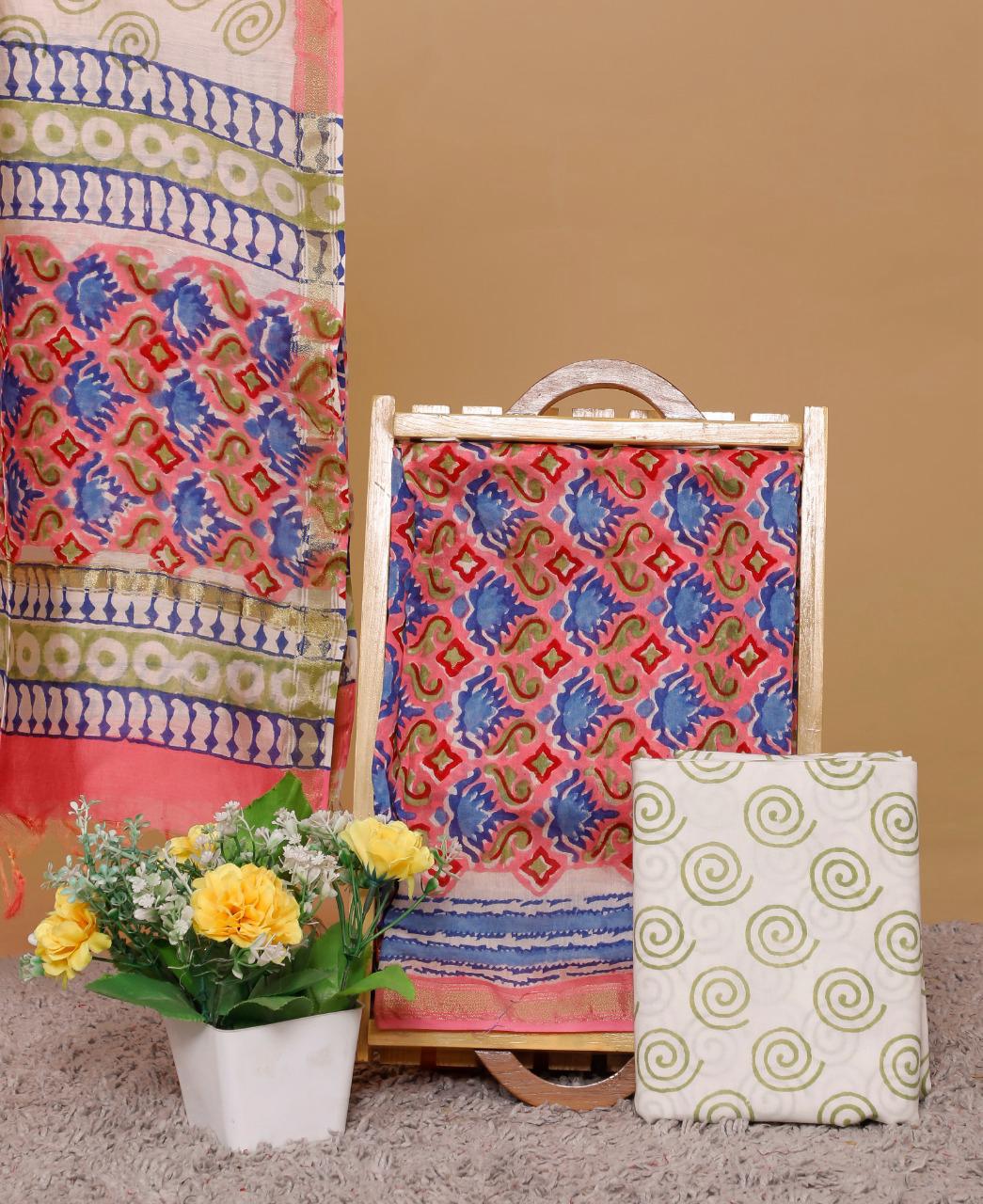 Shop Pure Pink with Blue Bagru Printed Chanderi Dress Material Online 