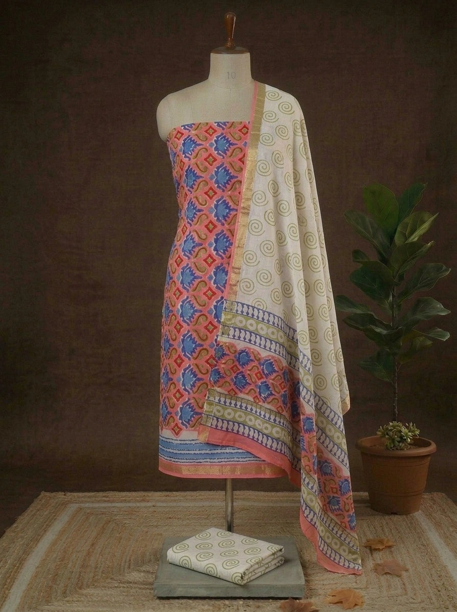 Shop Pure Pink with Blue Bagru Printed Chanderi Dress Material Online 