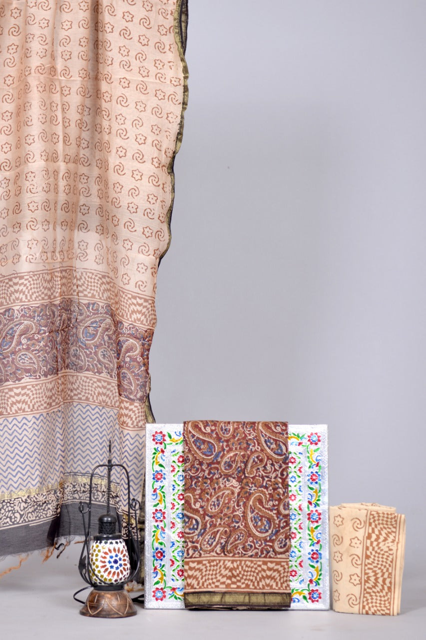 Brown with multicolour paisley floral chanderi printed top