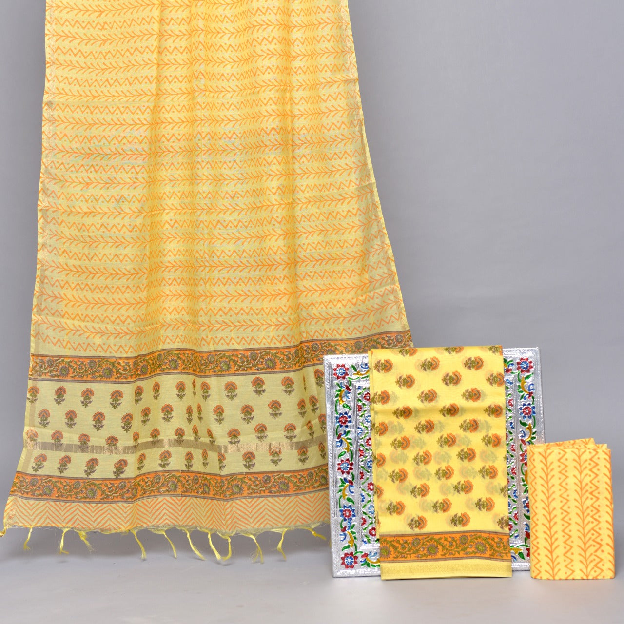 Yellow with orange flower printed chandheri printed dress material 