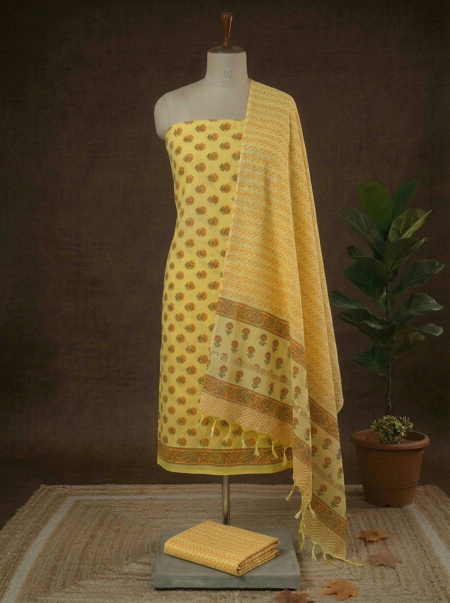 Yellow with orange flower printed chandheri printed dress material 