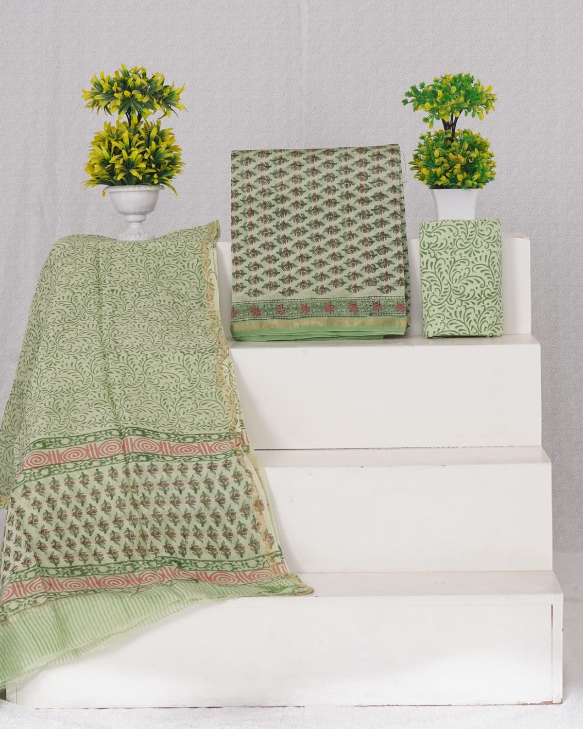 Shop Pure Pista Green floral printed chanderi dress material dress material online 