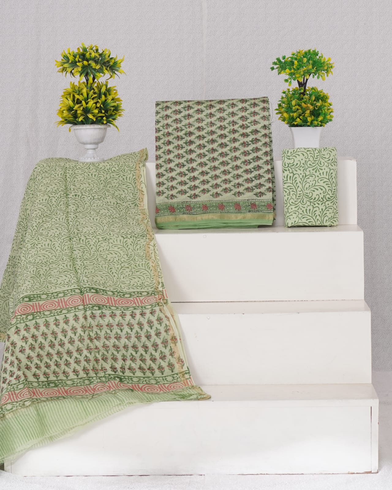 Shop Pure Pista Green floral printed chanderi dress material dress material online 