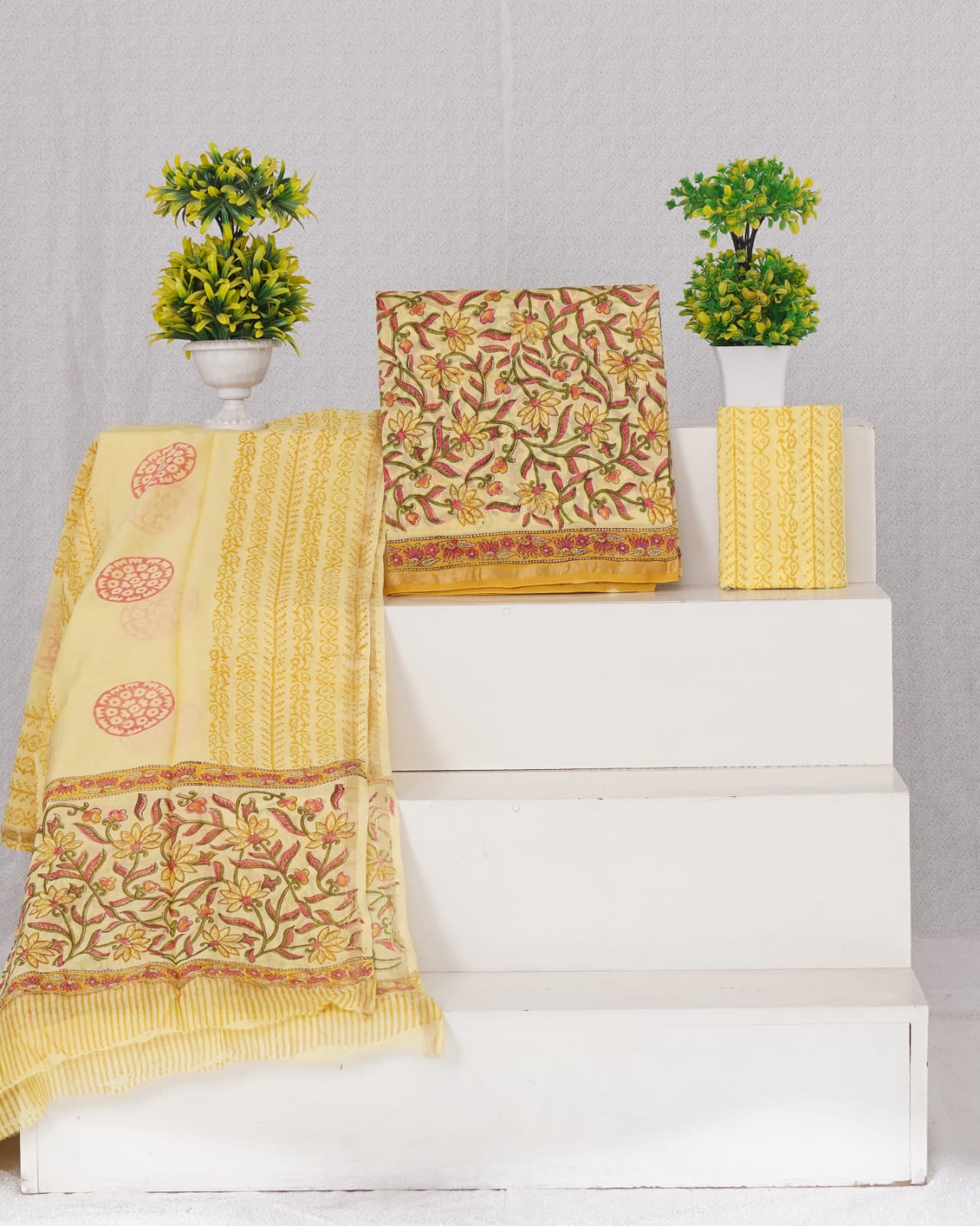 Buy Light Yellow floral printed chanderi dress material online 