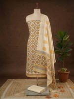 Beige with Brown floral printed chanderi dress material