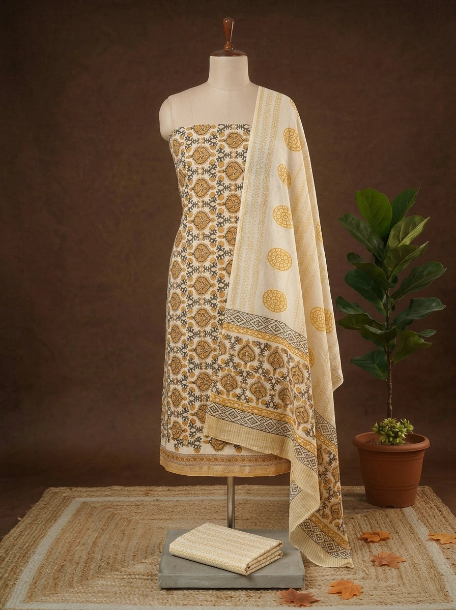 Beige with Brown floral printed chanderi dress material