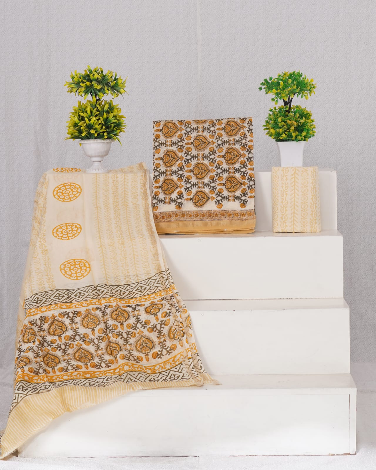 Beige with Brown floral printed chanderi dress material