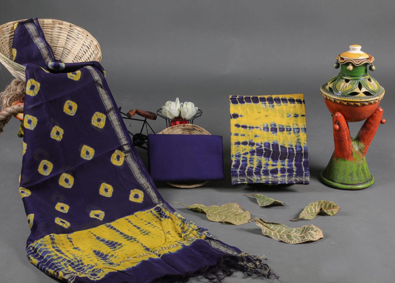 Blue with Yellow shibori printed chanderi top