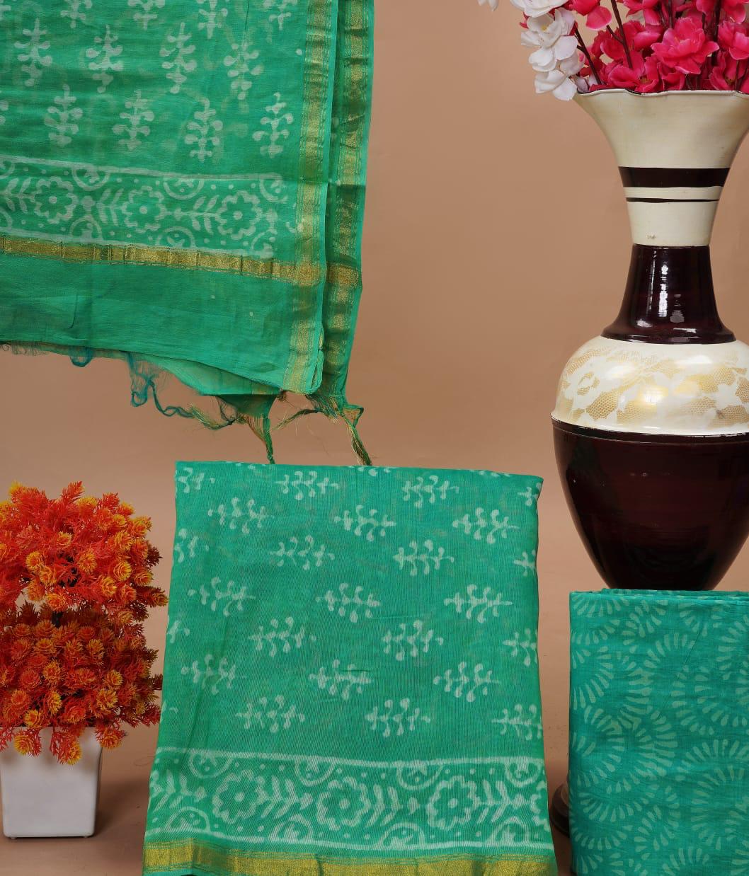Rama Green with White flower printed chanderi top