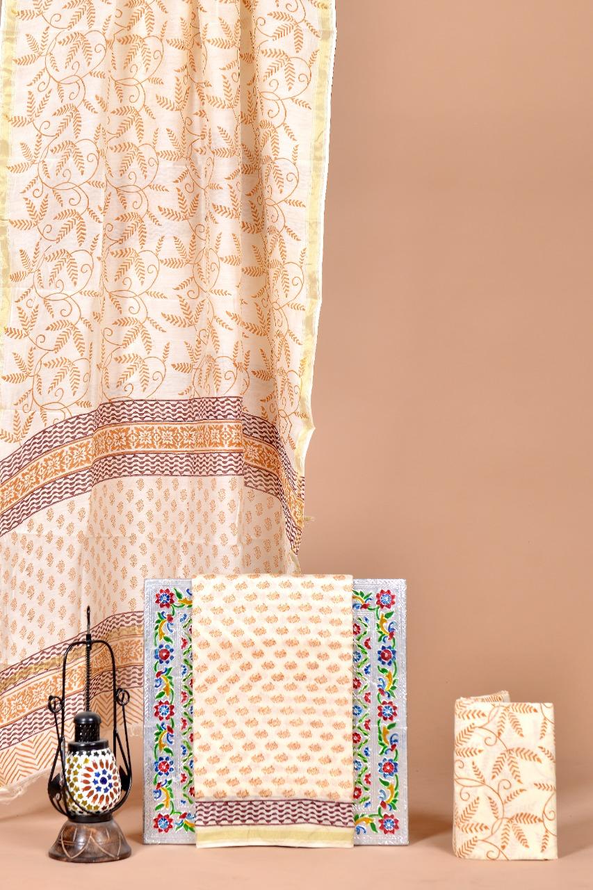 Cream with Brown flower motifs on the chanderi dress material online  
