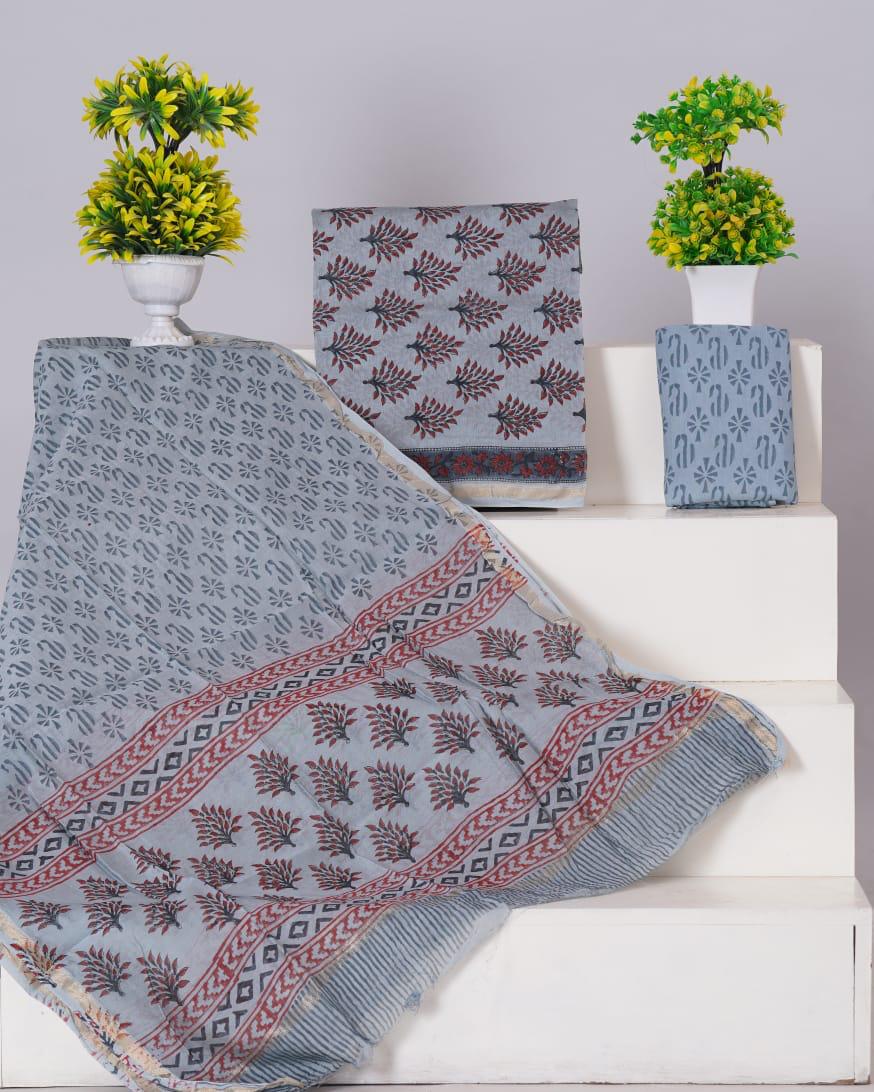 Grey with red flower printed chanderi top 