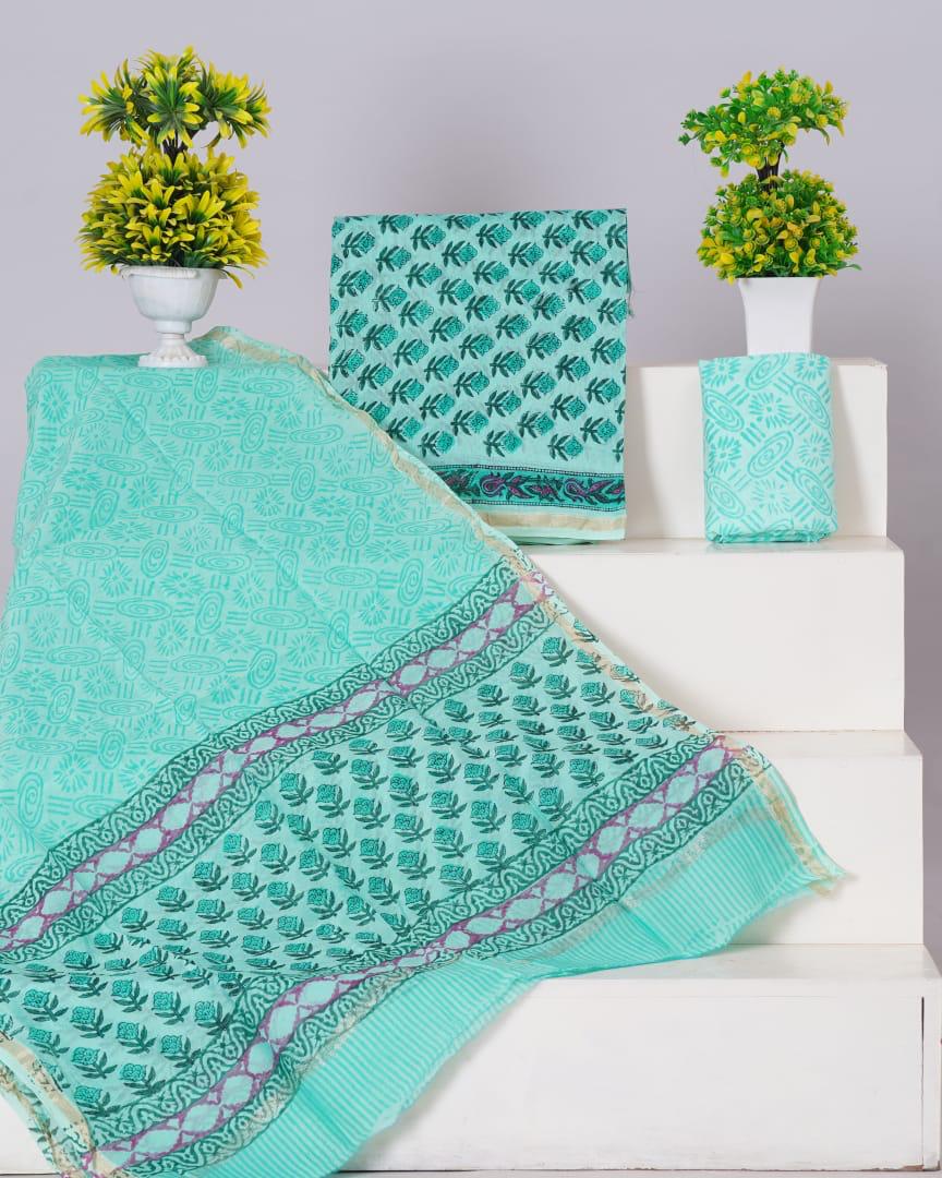 Aqua Blue with Sky Blue flower printed chanderi top