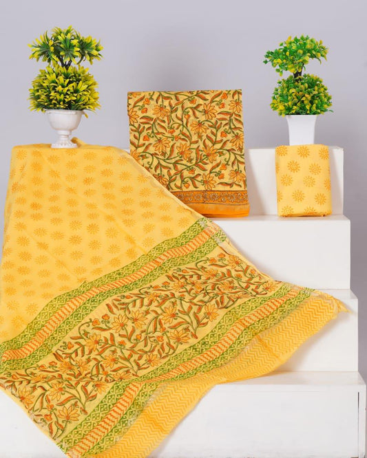 Yellow with Green and Orange flower printed chanderi top