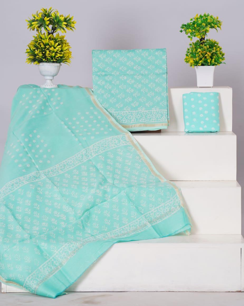 Sky Blue with White flower printed chanderi top 