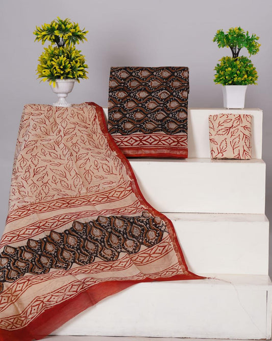 Black with Brown and Red motifs chanderi top 