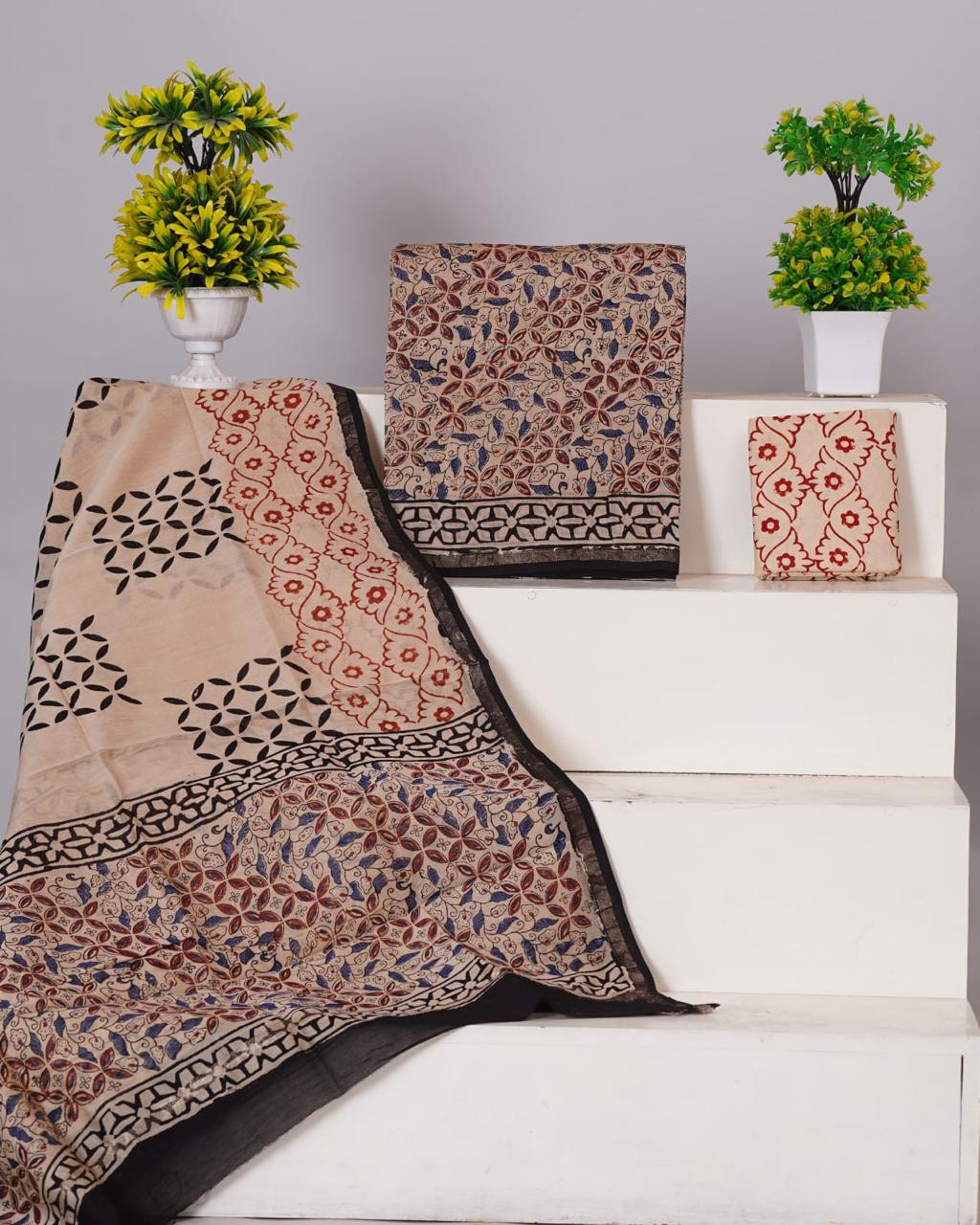 Beige with Blue and Red leaf printed chanderi top