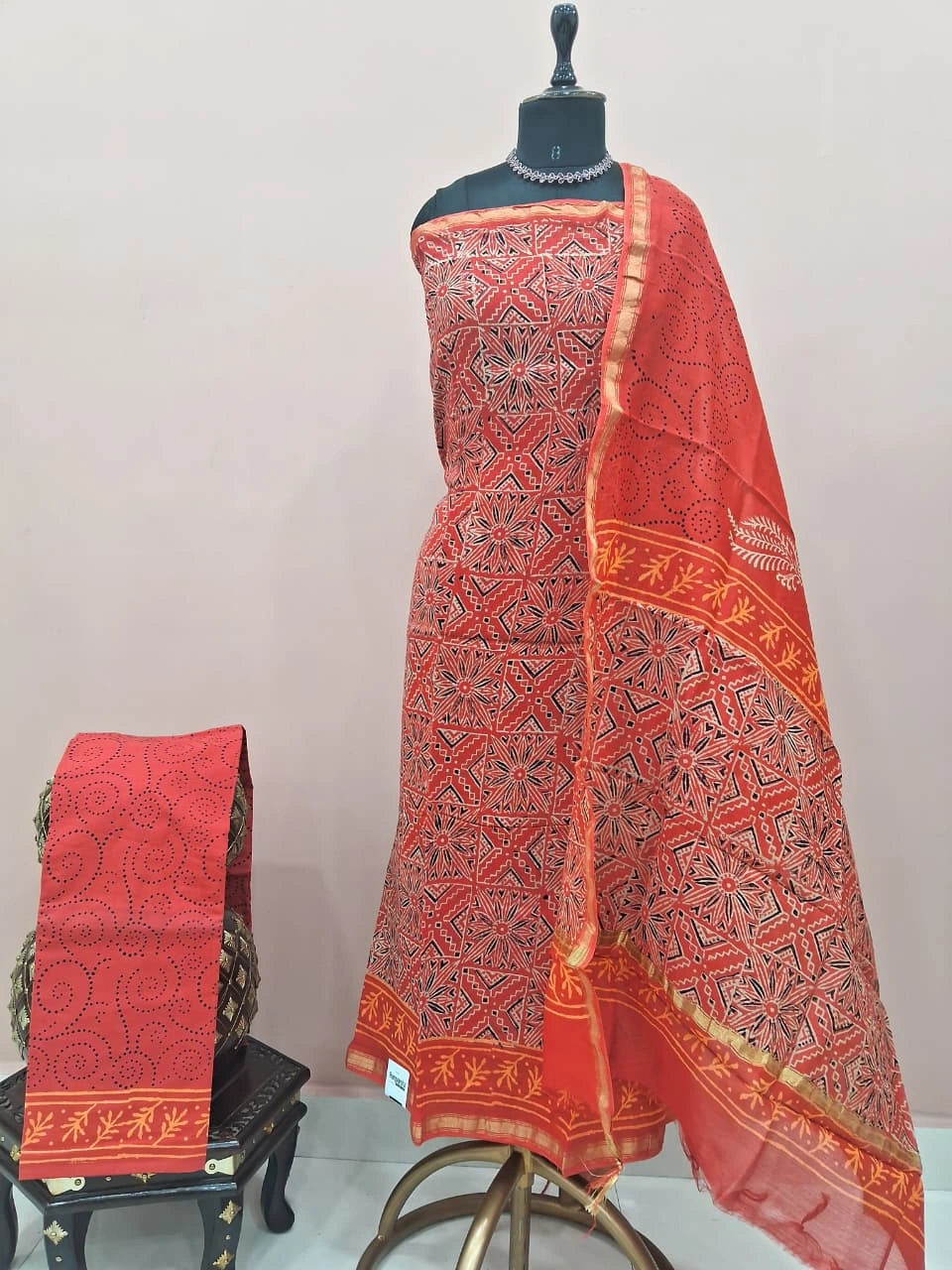 Brick Red Chanderi Dress Material 