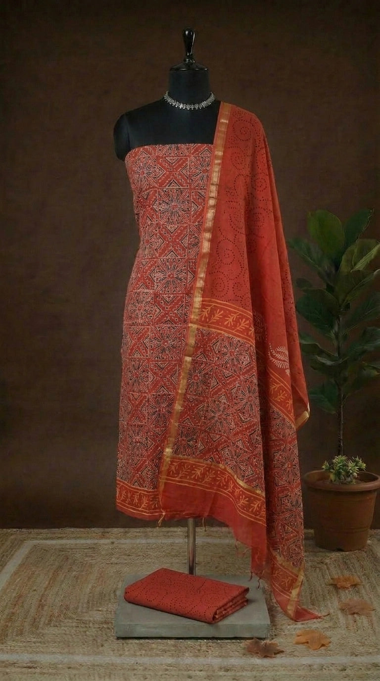 Brick Red Chanderi Dress Material 