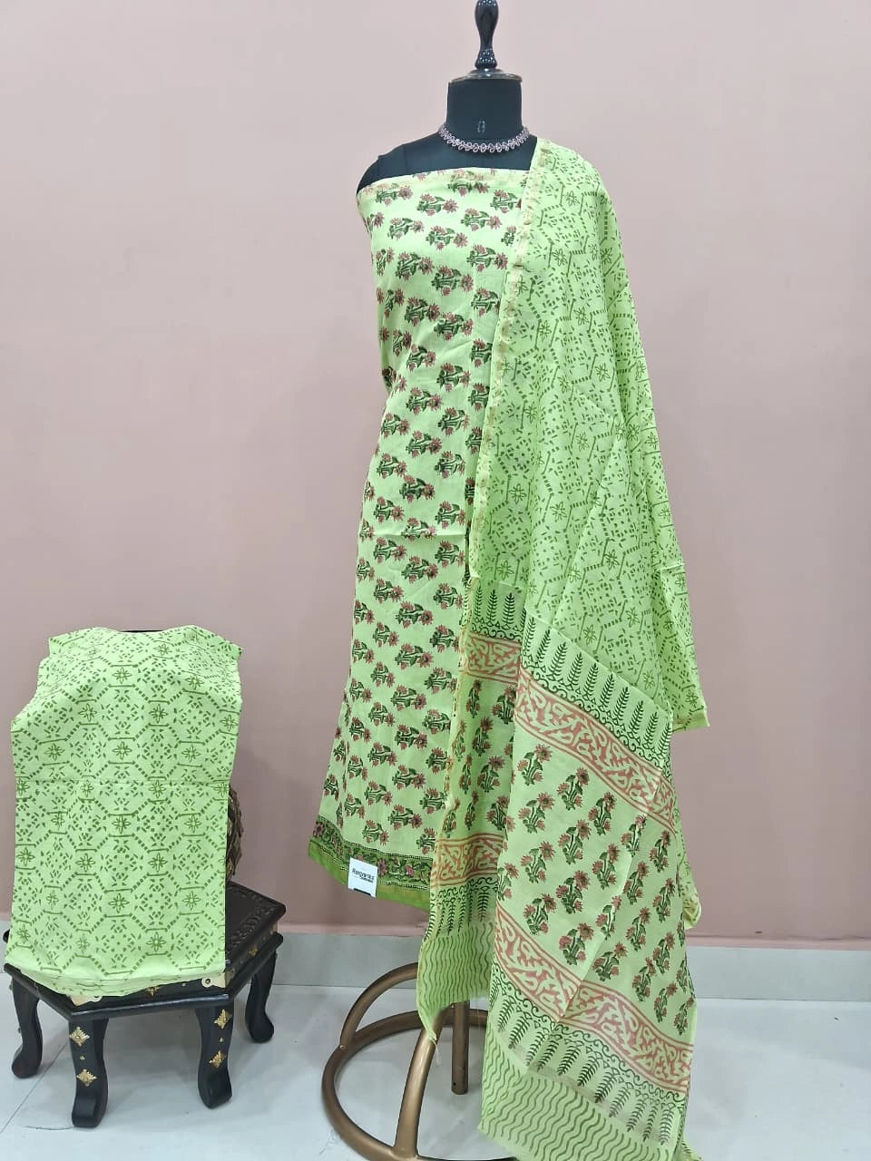 Pista Green Chanderi Dress Material 